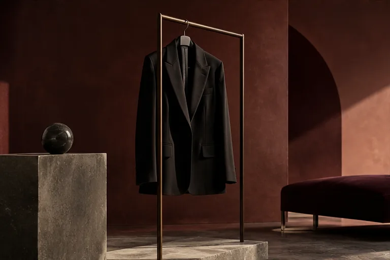 Editorial concept of a black tailored blazer in an architectural wine-red luxury fashion setting