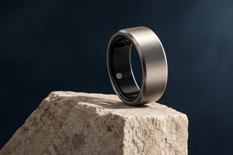 Editorial concept of a brushed silver smart ring on sculptural limestone with a slate-blue backdrop